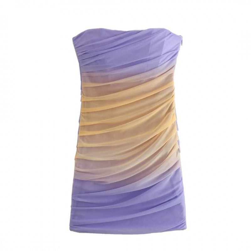 Summer Women Clothing Strapless Straight Collar Silk Net Tube Top Short Dress