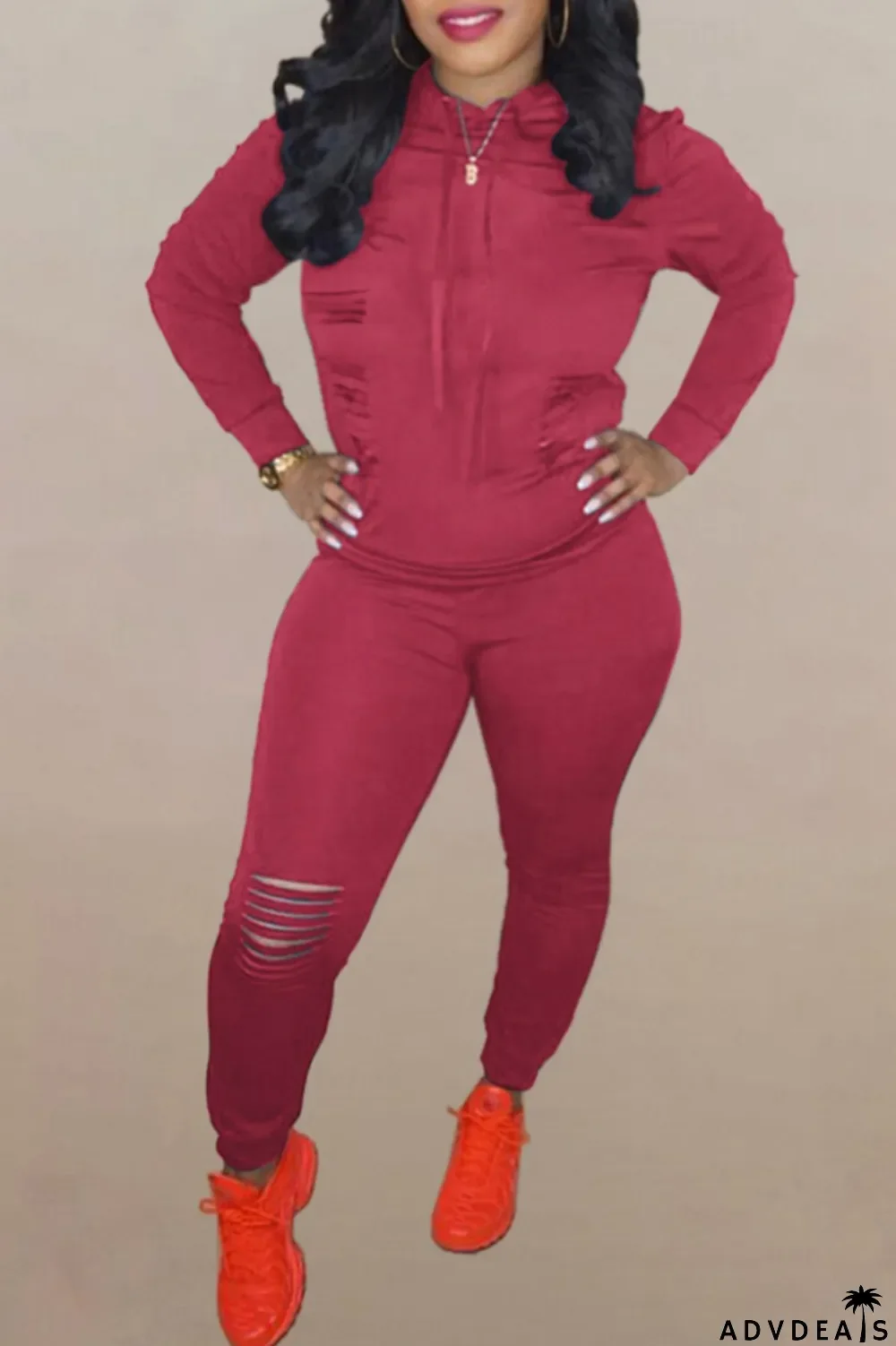 Brown Fashion Solid Ripped Hooded Collar Long Sleeve Two Pieces