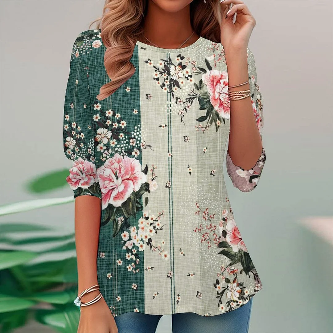 Vintage Printed Long Sleeve Plus Size Tunic for  Women and Men Unisex Pattern Floral,Pink,Green,Stitch