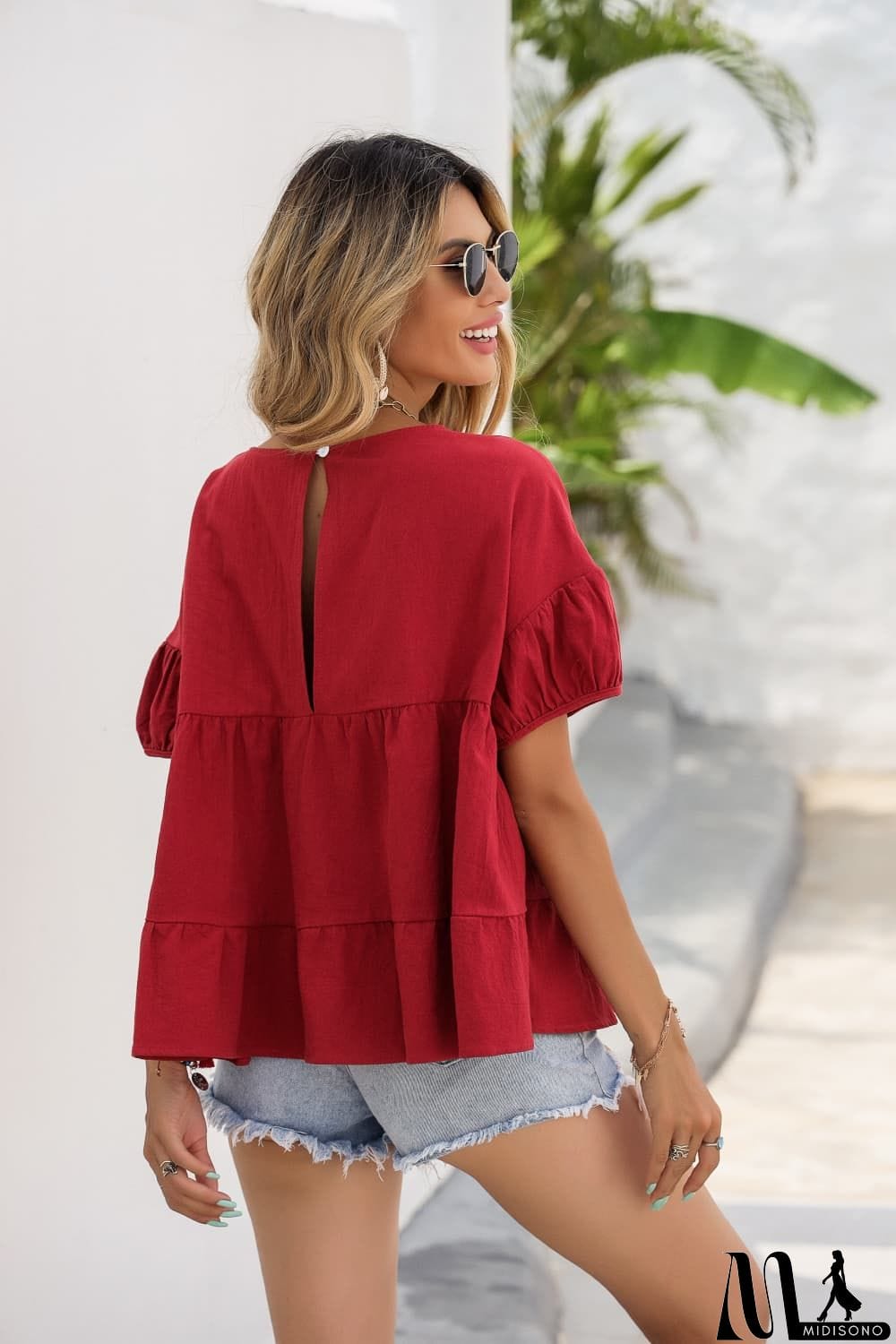 MidiSono - Round Neck Ruched Short Sleeve Blouse