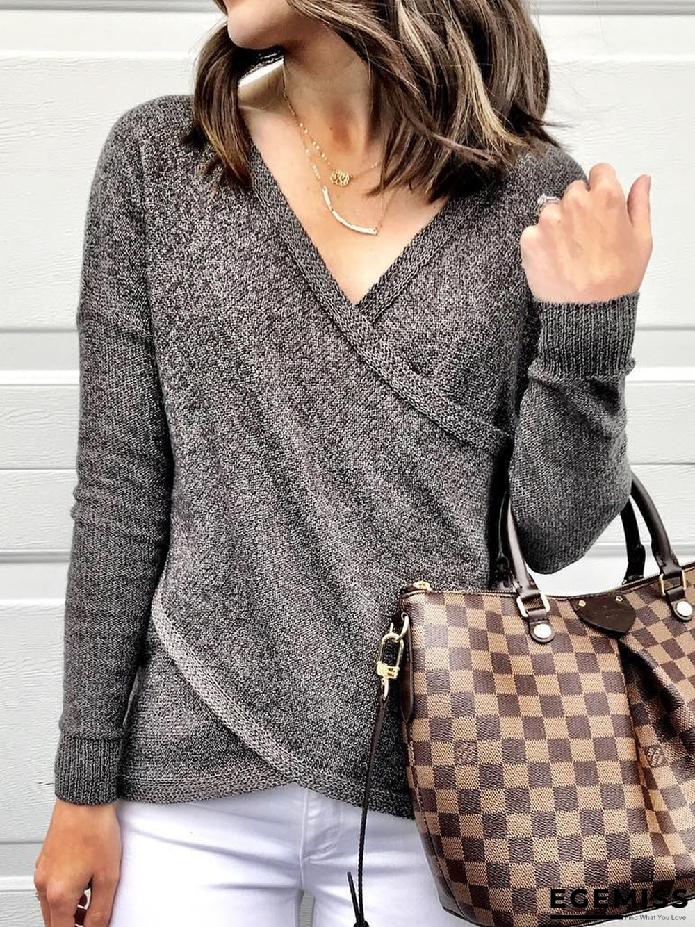 Casual Knitted Long Sleeve V Neck Sweater | EGEMISS