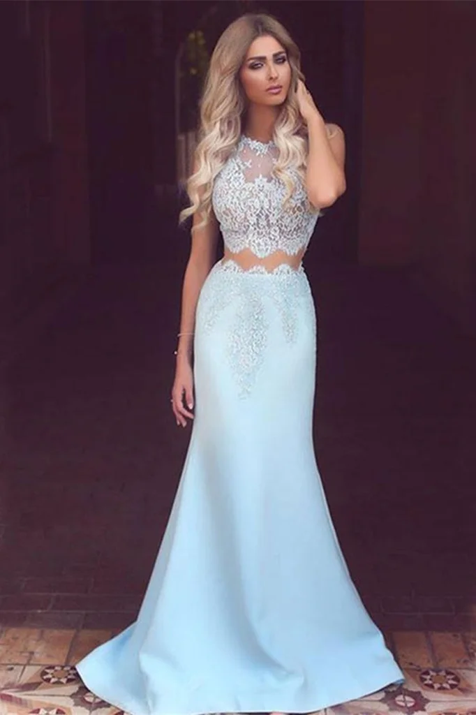 Modern Baby Blue Lace Prom Dress Mermaid Long - lulusllly