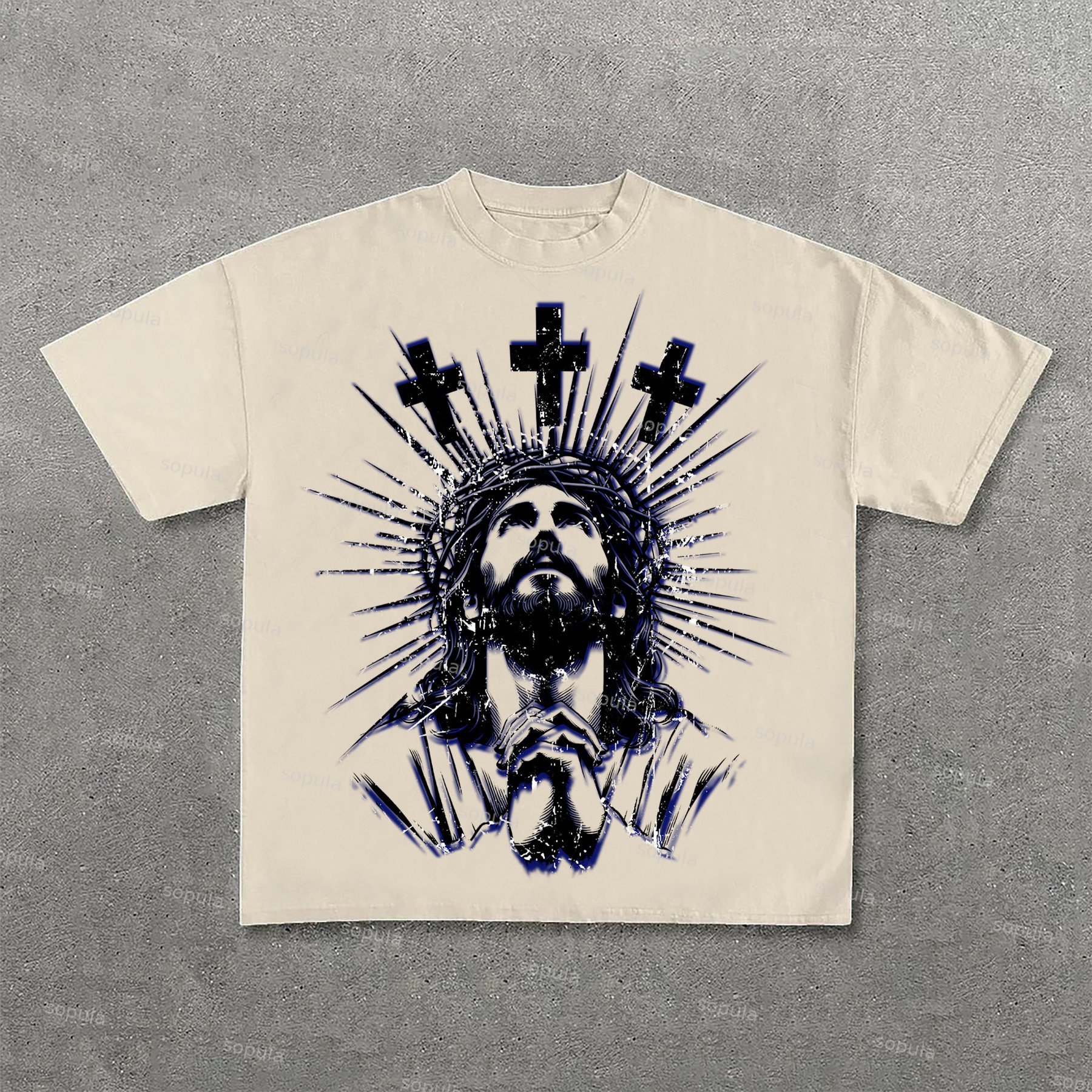 Jesus Praying Cross Graphic Print Cotton T-Shirt - SOPULA