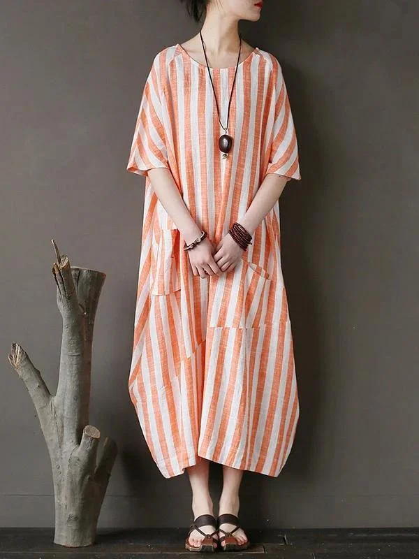 100% o neck patchwork cotton dress Tutorials orange striped Kaftan Dresses