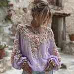 Women's Vintage Pink Flower Embroidery Art Round Neck Long Sleeve Linen Blend T-shirt - Image 4