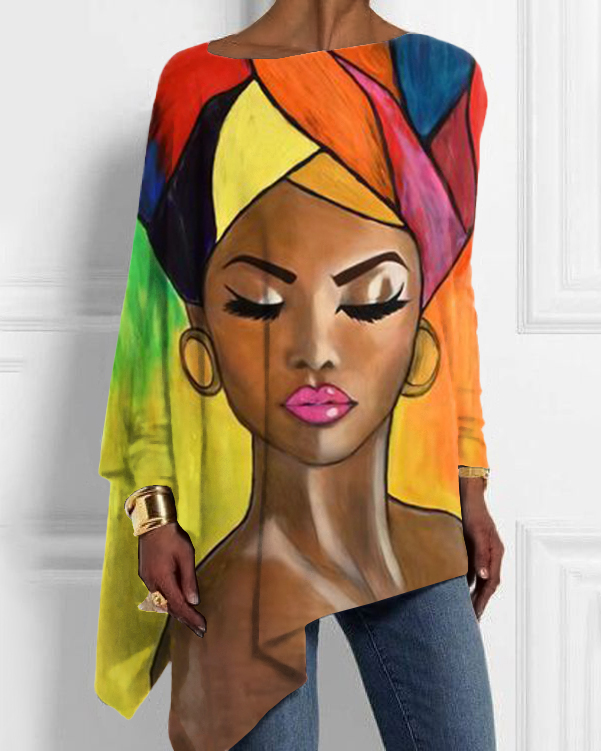 African Women Oil Painting Off-shoulder Irregular Top