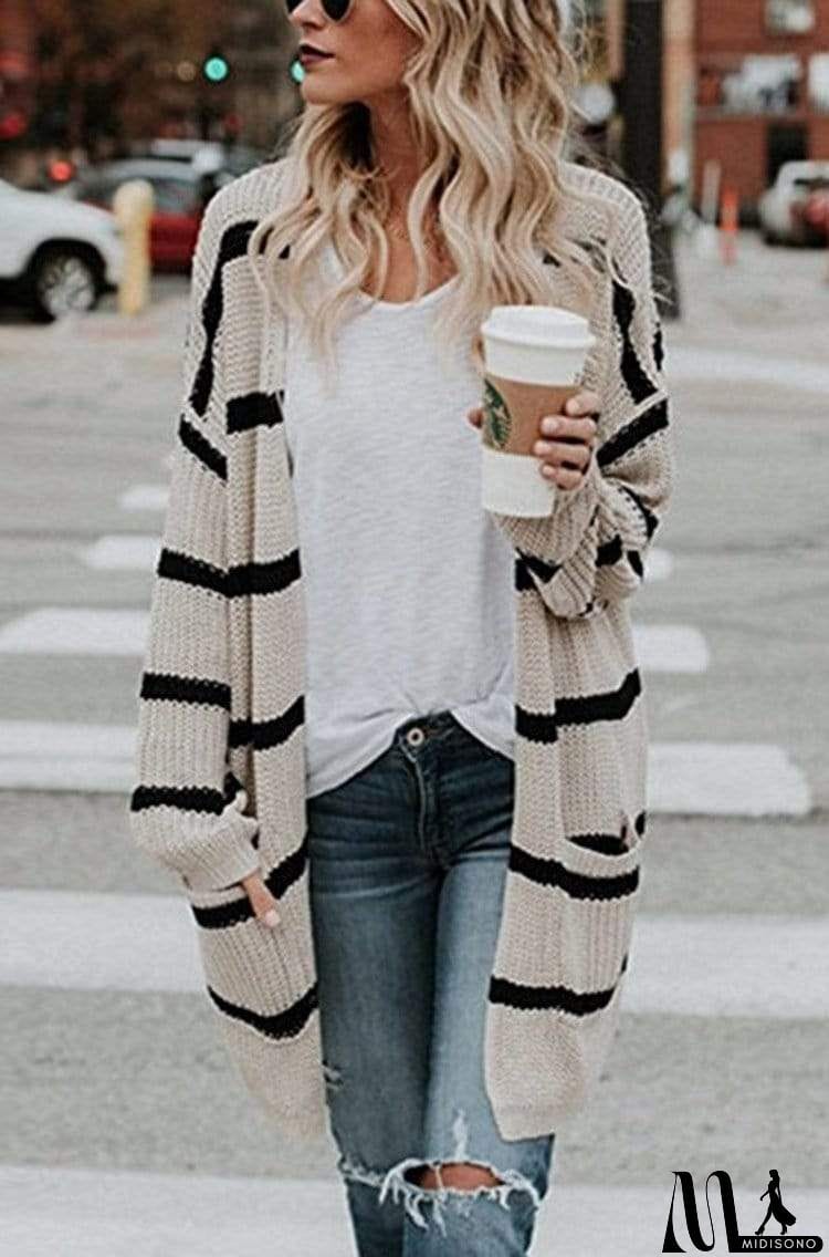 MidiSono - Vintage Striped Long Cardigan