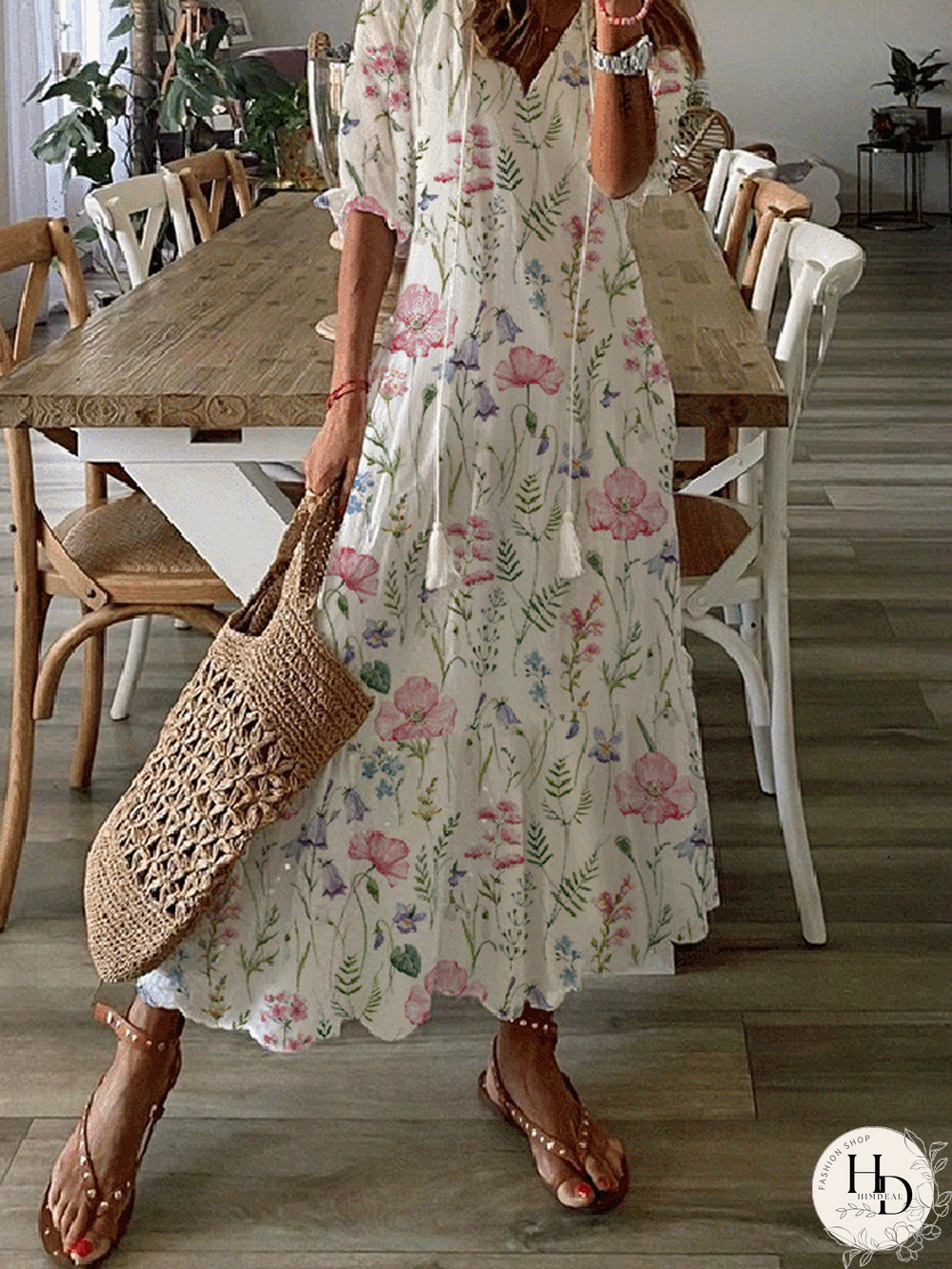 Casual Floral Half Sleeve V Neck Plus Size Printed Dress