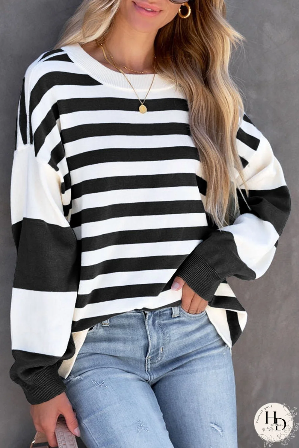 Black Stripe Drop Shoulder Striped Pullover Sweatshirt