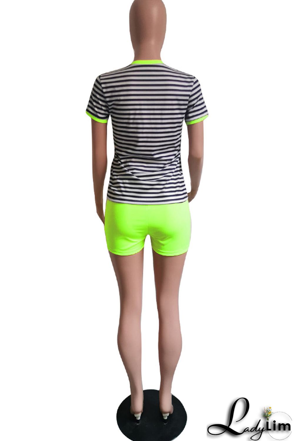 Fluorescent Green Fashion Casual Striped Print Patchwork O Neck Short Sleeve Two Pieces