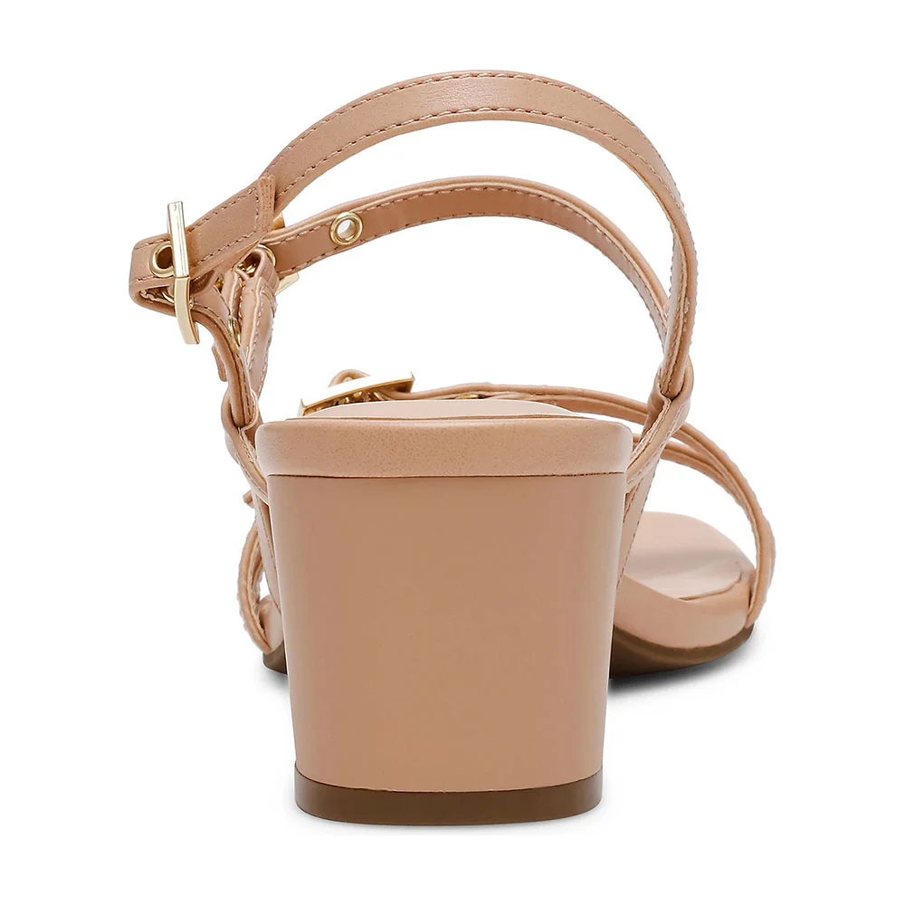 Nude Faux Leather Square Toe Grommet Buckle Strap Heeled Sandals
