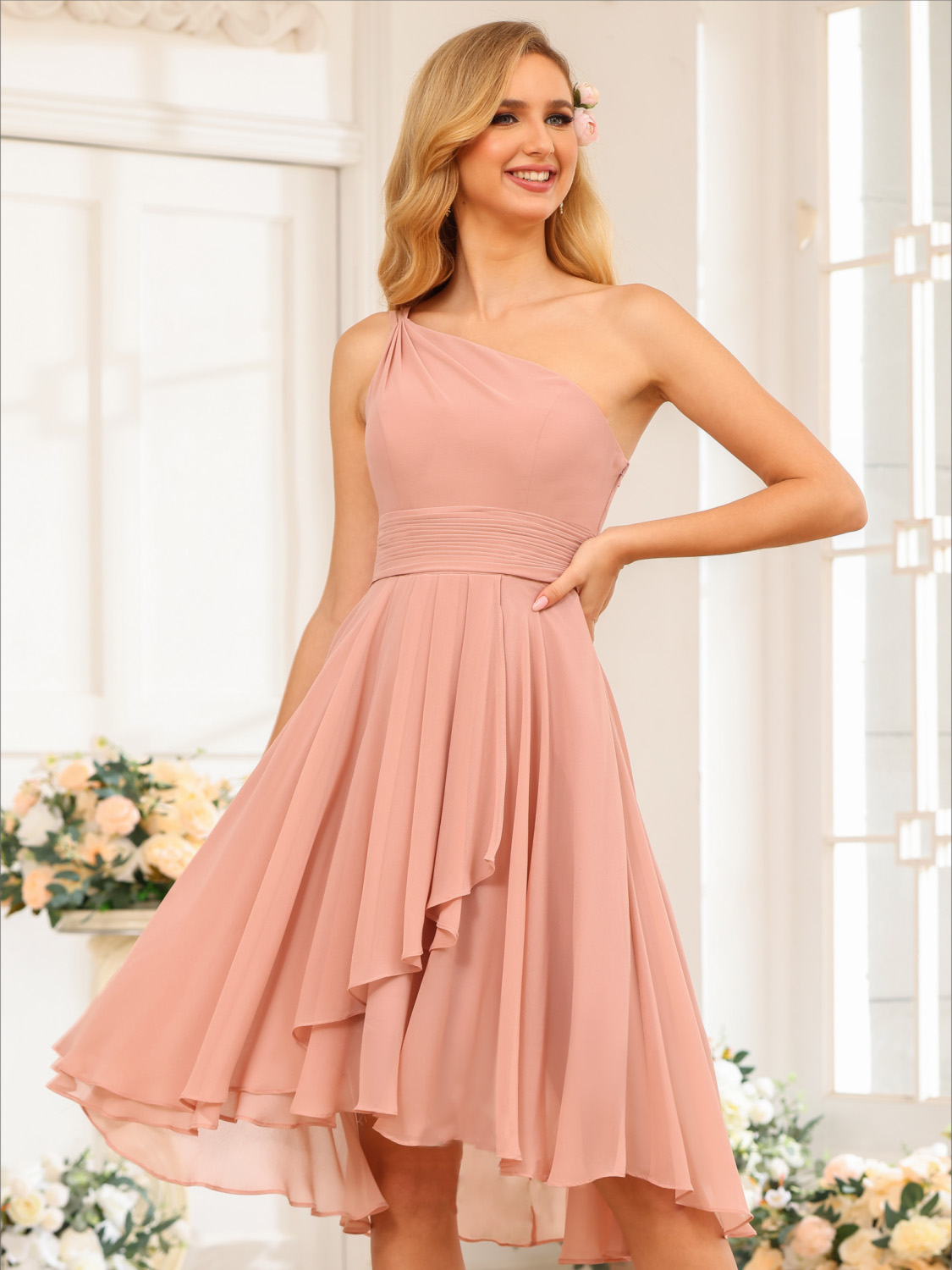 Oknass Simple Pink One Shoulder Sleeveless Pleated Short Dress with Ruffles