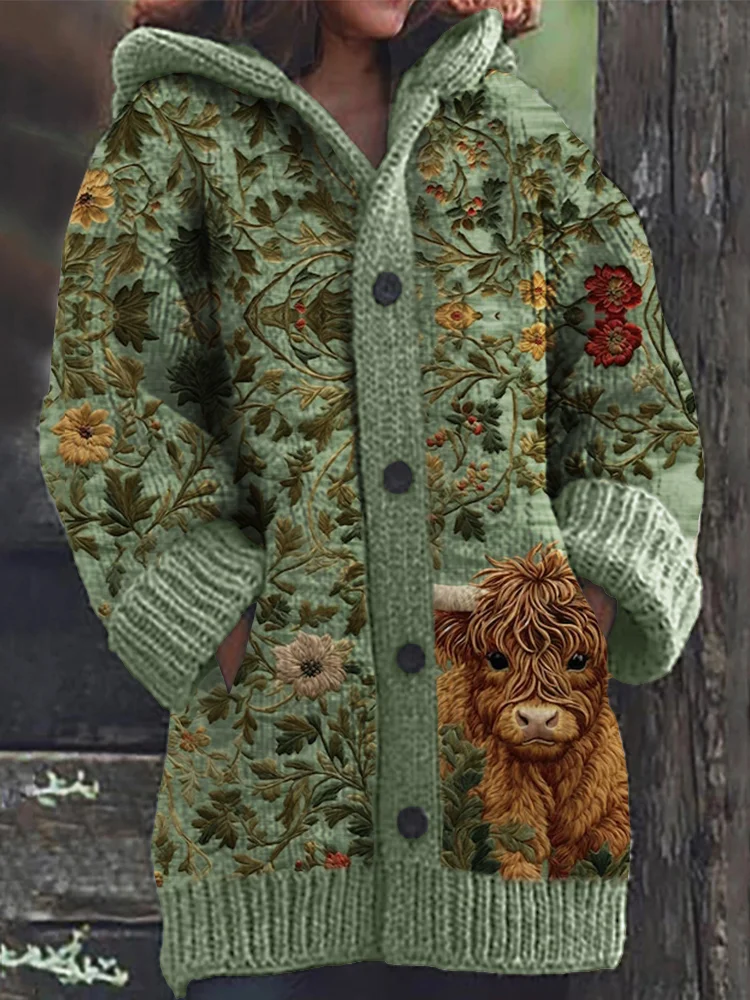 VChics Highland Cow Floral Embroidery Pattern Cozy Hooded Cardigan