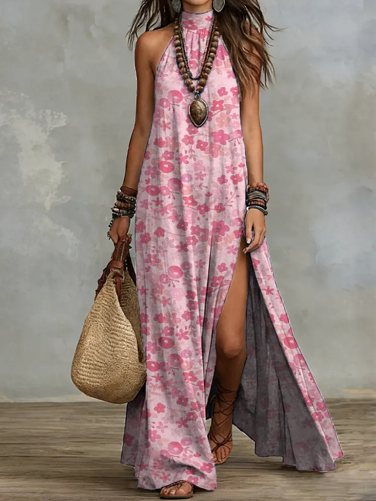 Bohemian Floral Halter-neck Maxi Dress With Slit