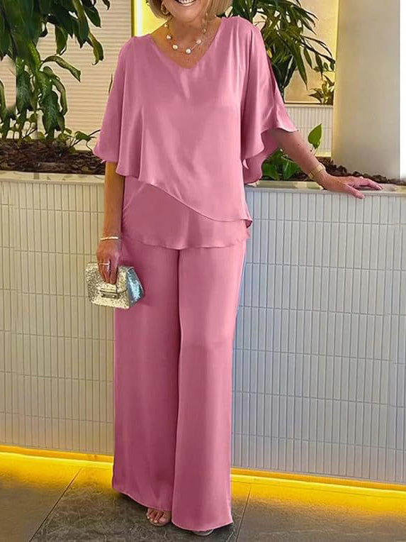 Women Half Sleeve V-neck Solid Color Dress