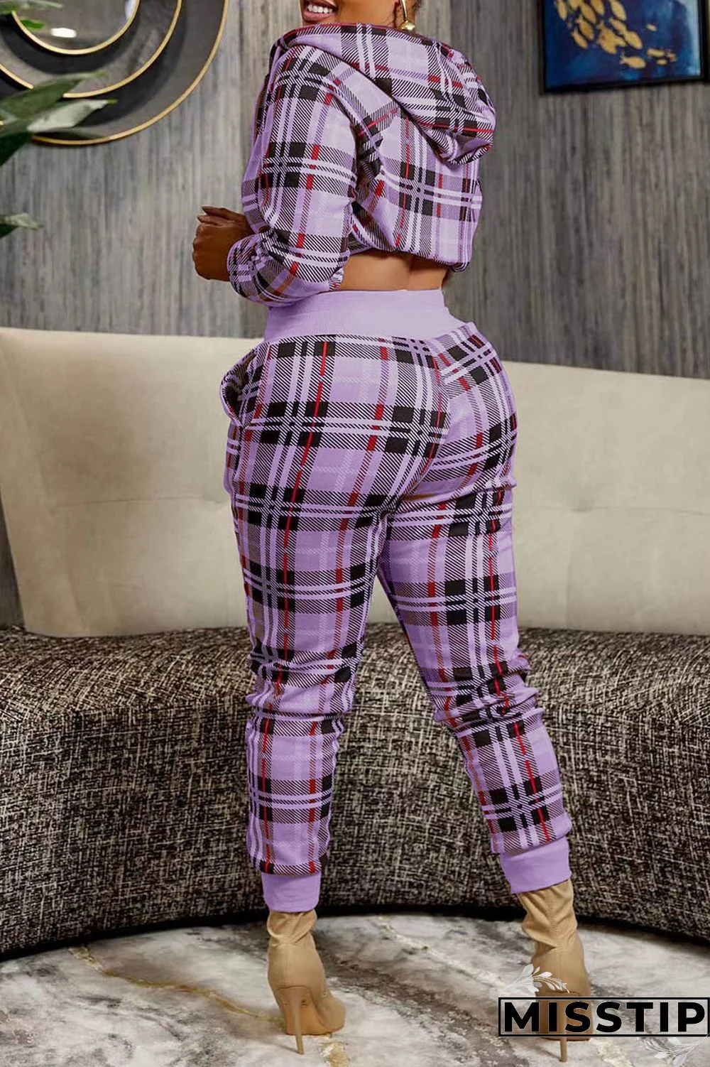 Pink Casual Plaid Print Patchwork Hooded Collar Long Sleeve Two Pieces