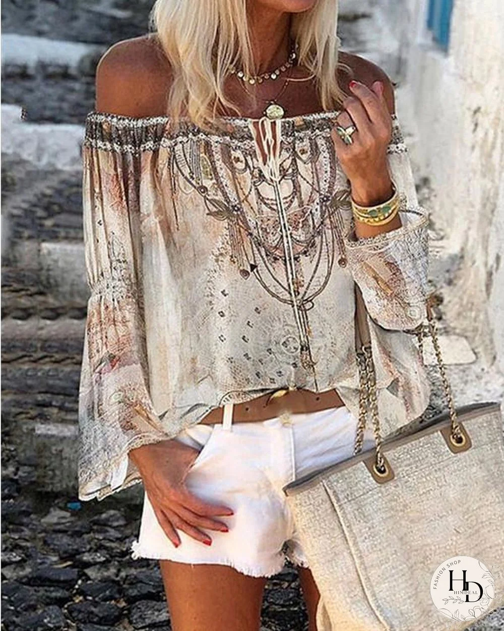 Print Off the Shoulder Long Sleeves Casual Blouses