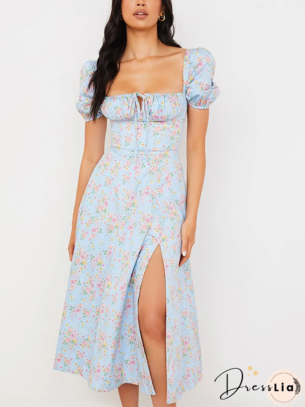 NewAsia Vintage Floral Dress Women Summer Square Collar Puff Sleeve Long Dress Sexy Off Shoulder Side Split A-line Dress