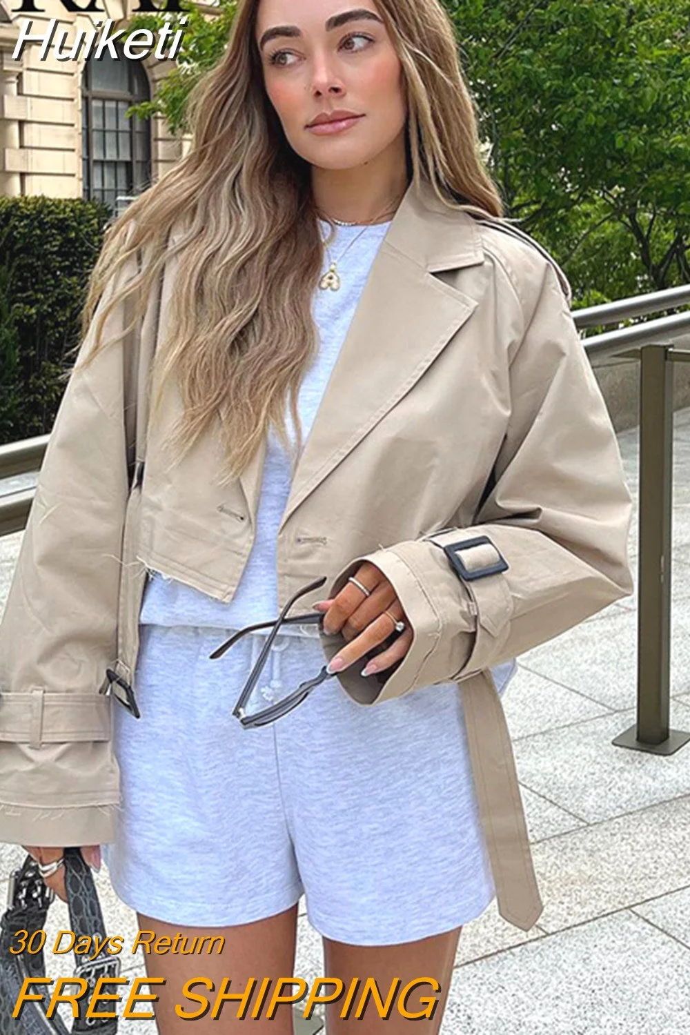 Huiketi 2023 Autumn Women Fashion Streetwear Cropped Collar Coat Trench Long Sleeves Jacket Woman High Street Casual Loose Coats