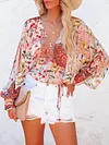 Floral Print Loose Chiffon Lantern Sleeve Casual T-Shirt Top