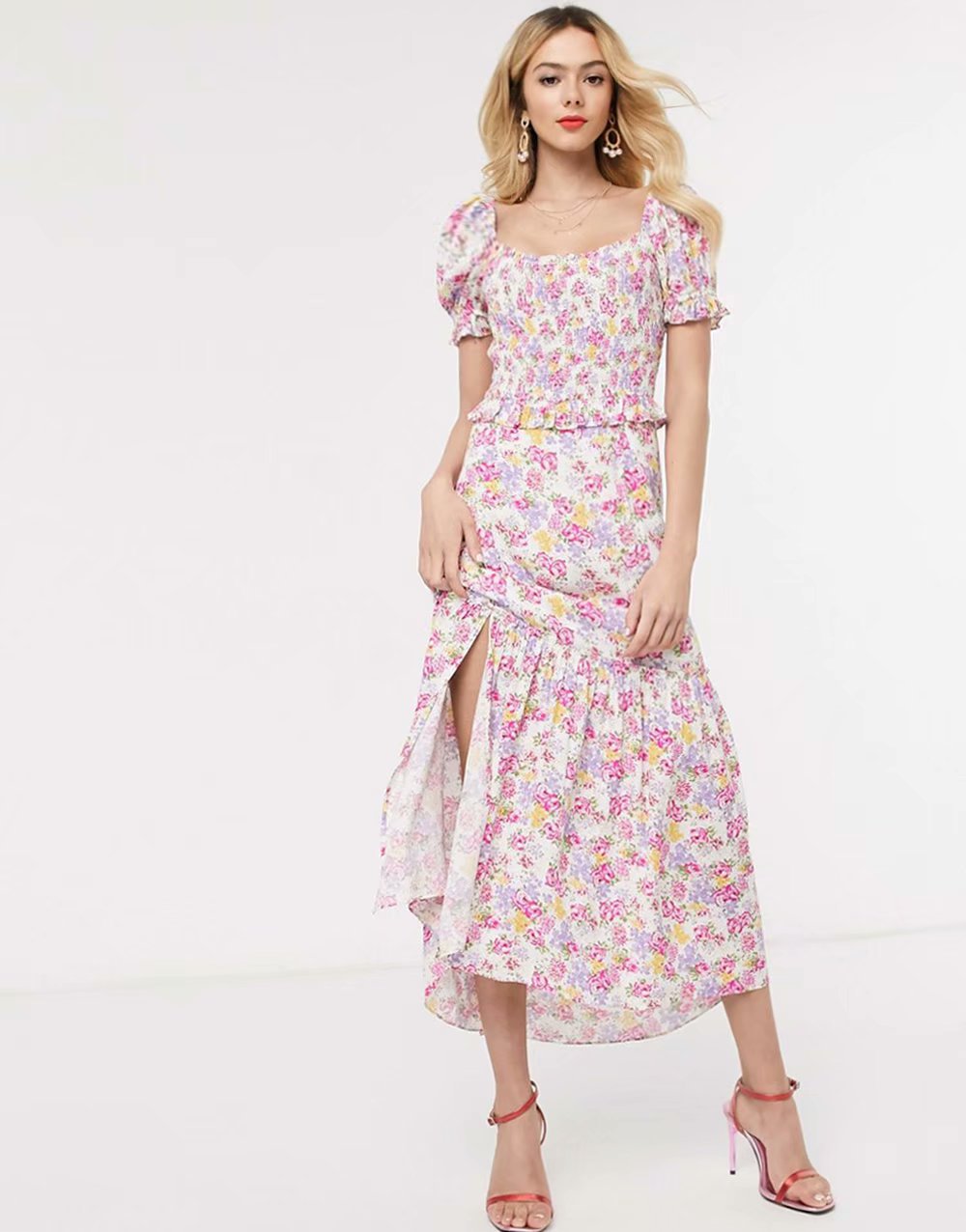  thdmladies Haveli Rose Ruffle Collar Button Maxi Dress thedmladies