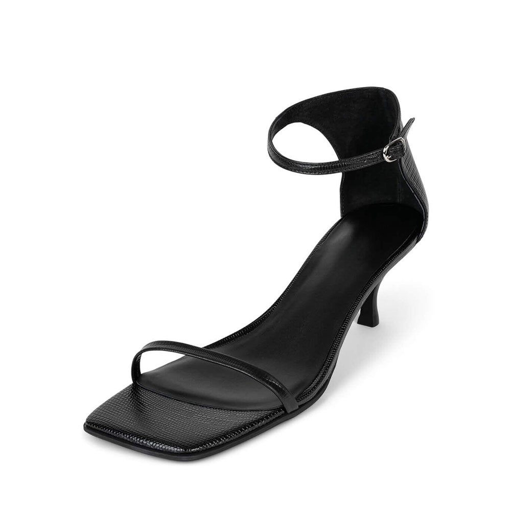 Black Vegan Leather Square Toe Ankle Strap Sandals with Kitten Heel Nicepairs