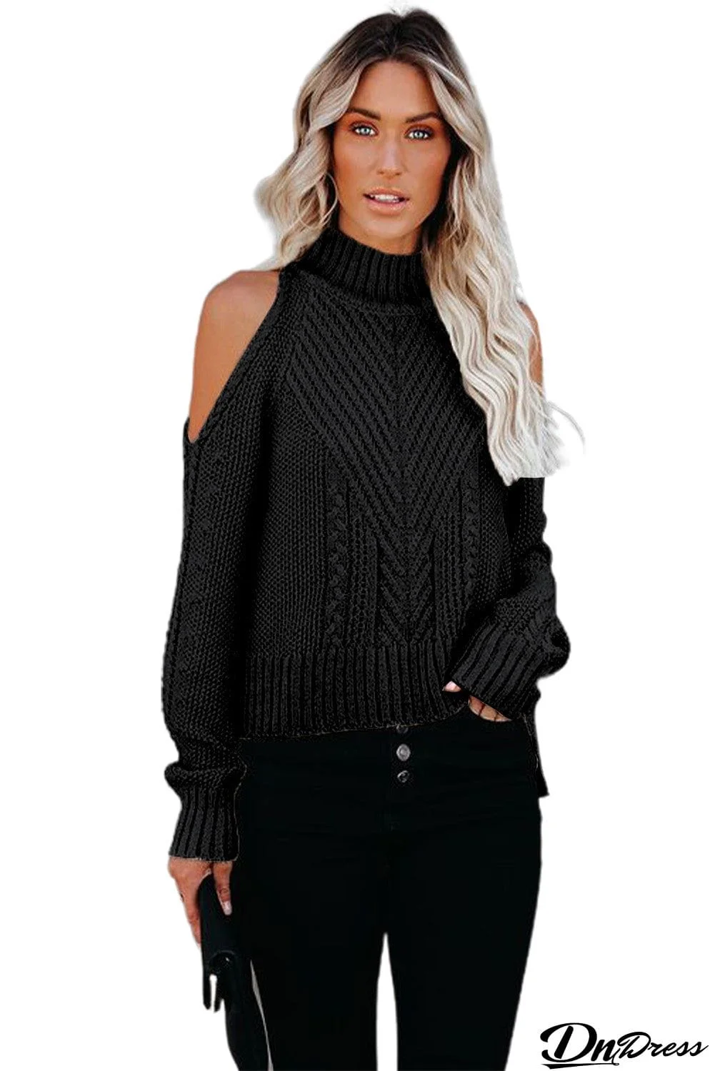 Cold Shoulder High Neck Knitted Sweater