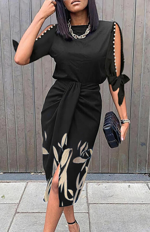 Mature Women Casual Summer Round Neck Sexy Print Cutout Lace-up Pleated Dress