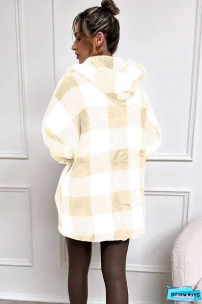Double Take Full Size Plaid Long Sleeve Hooded Coat