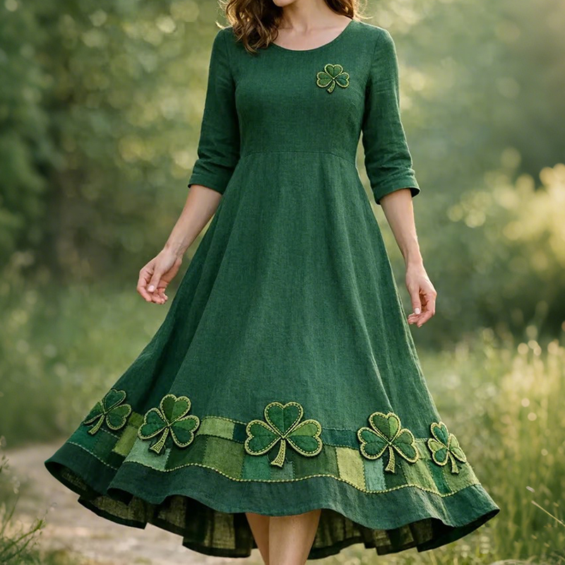 Women's St Patrick's Day Clover Pattern Art Cozy Mixed Cotton And Linen Dress wearshes