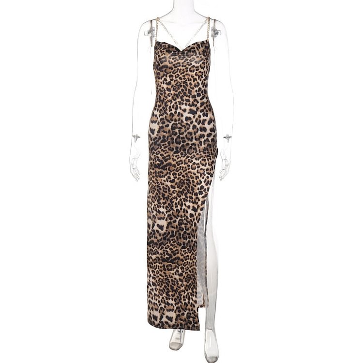 Hugcitar Leopard Metal Chain Slip Sleeveless Backless Swing Collar Slit Maxi Dress 2022 Evening Party Sexy Slim Elegant Y2K