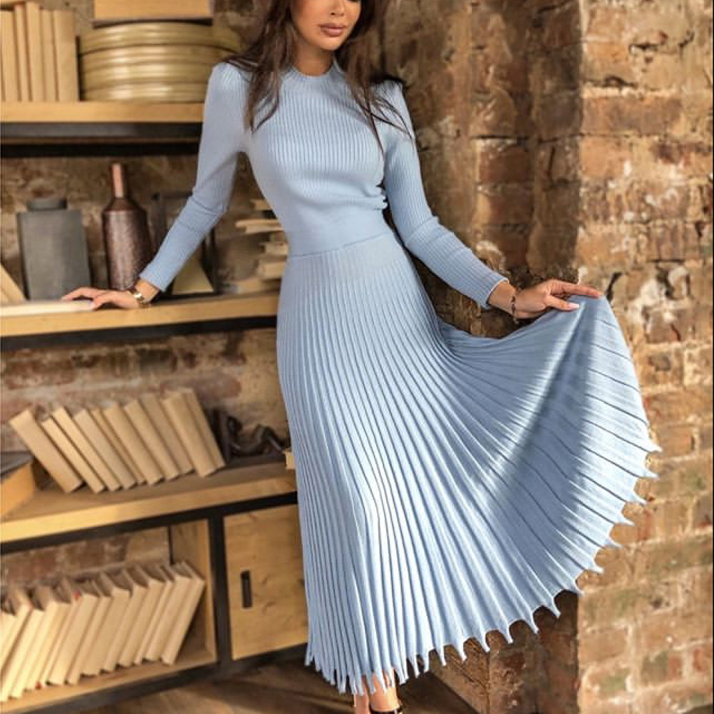 Ootddress Ribbed Pleated Knit Dress Women Loose Fashion Patchwork Long Sleeve Dress High Waist Knitwear Female Autumn Maxi Dress New