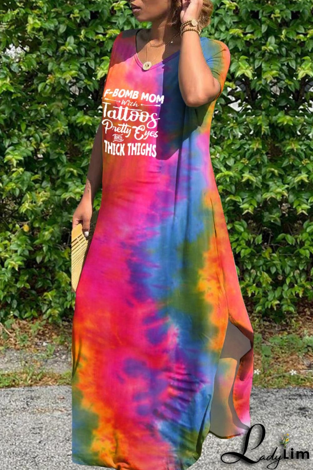 Pink Casual Letter Print Tie-dye V Neck Short Sleeve Dress Dresses