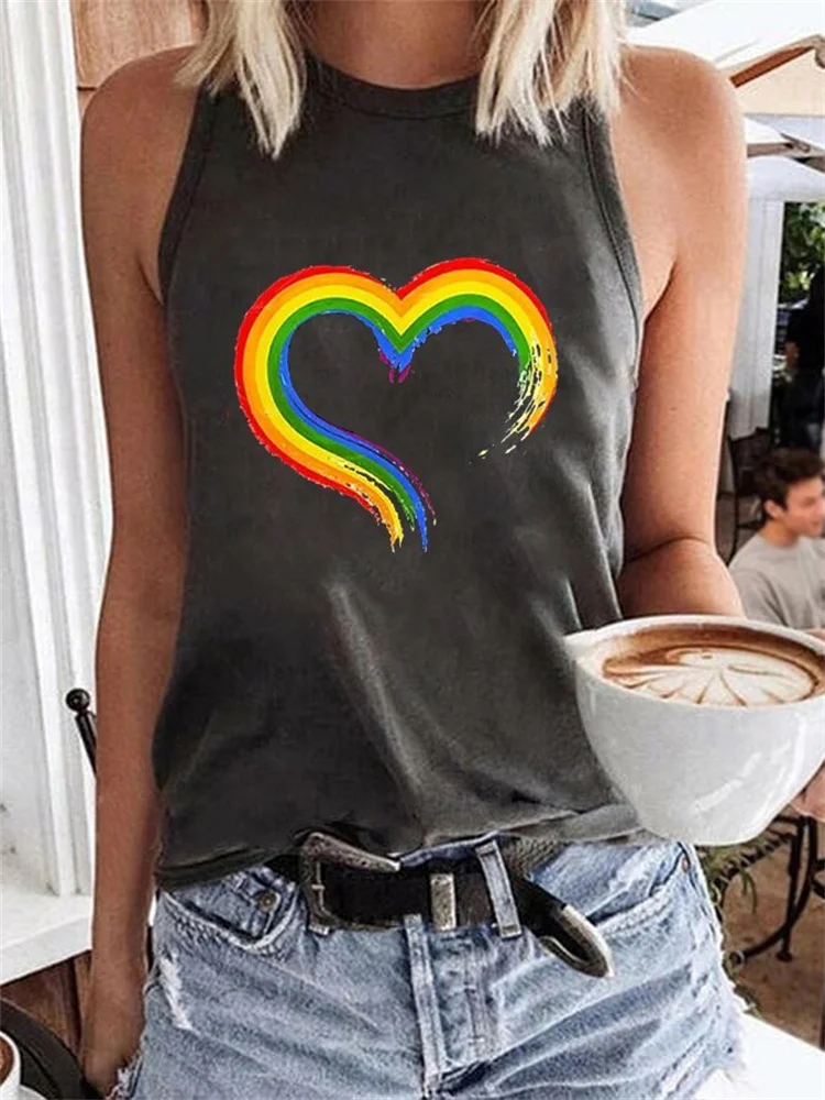Rainbow Heart Print Casual Tank Top