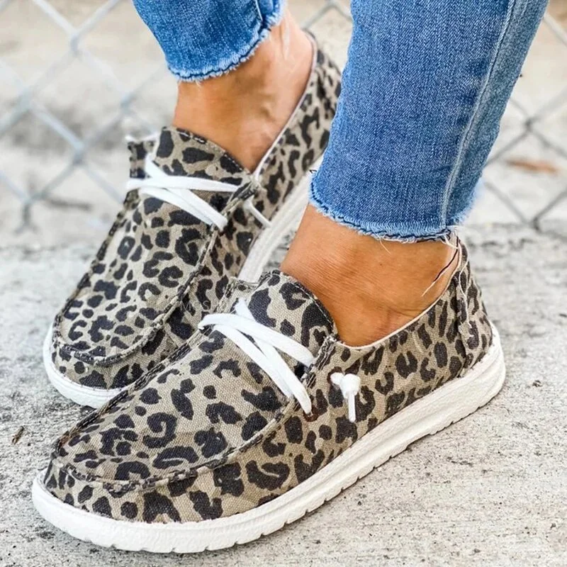 Applyw Women Sneakers Canvas Shoes Solid Leopard Breathable Casual Sneakers Woman Flats Spring Lace Up Round Toe Women Flat Shoes