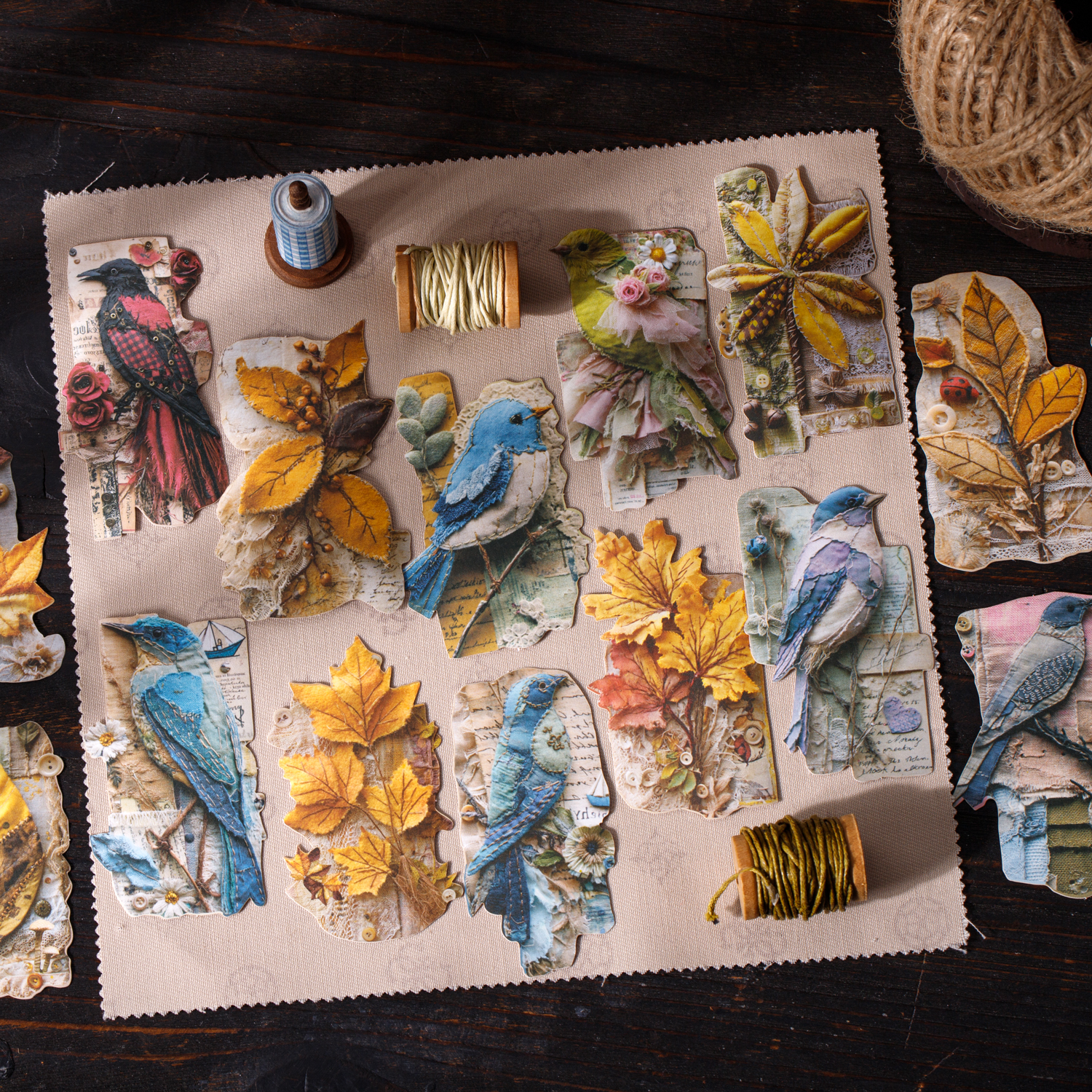 스티커 - 패치워크 시리즈 빈티지 나비 새 꽃