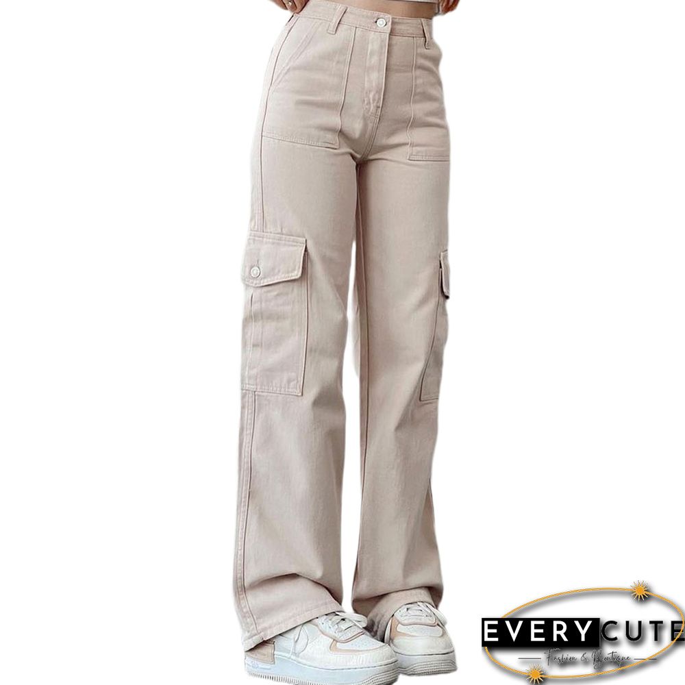 Apricot Mid-waist Pocket Overalls Casual Pant