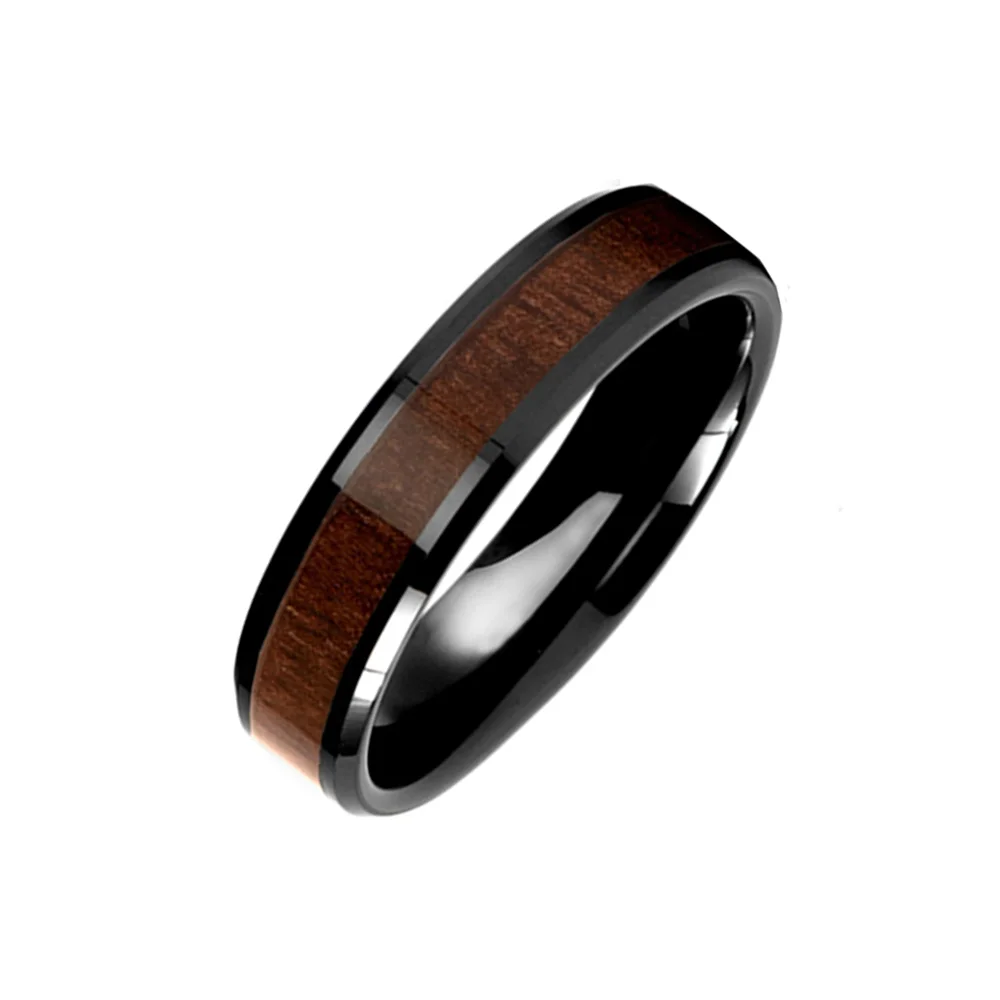 6MM 8MM Black Plated Tungsten Carbide Rings Wood Inlay Bevel Edge Men Wedding