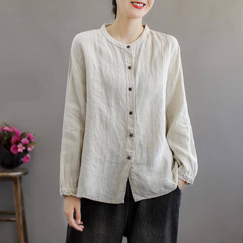 Women Autumn Button Up Cotton Casual Blouses&Shirts