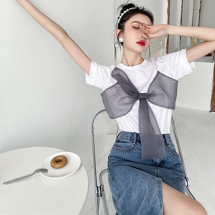 Organza Bow Knot Round Neck Loose White T-shirts