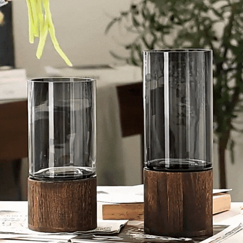 Minimalist Glass Vase with Wooden Base – Elegant Hydroponic Planter