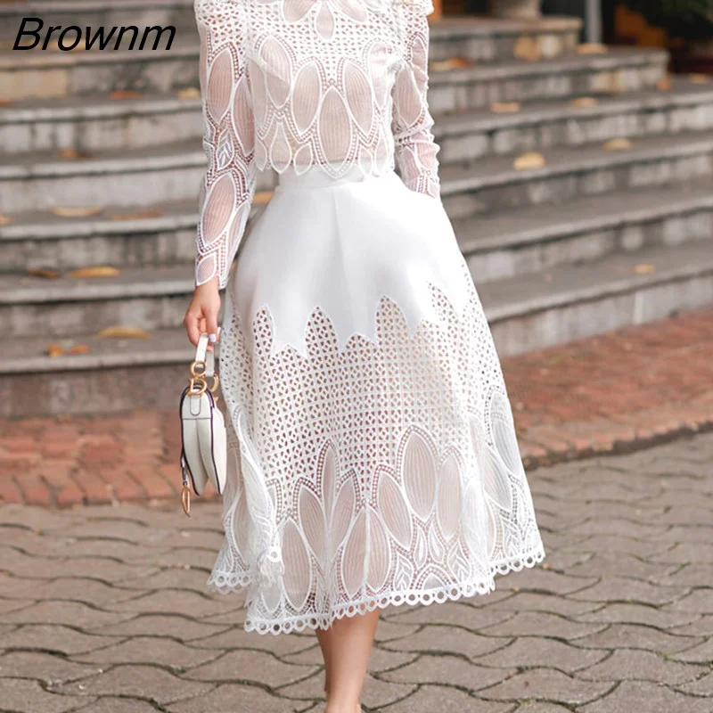 Brownm and Winter New Niche Design Lace Embroidery Hollow Top and Skirt Two Pieces Women Clothing Elegant Fashion Evening Dress