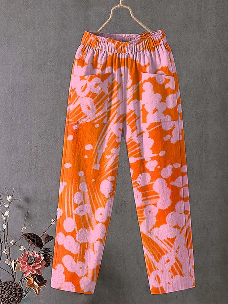 Women's Vintage Flower Art Print Cotton And Linen Casual Pants