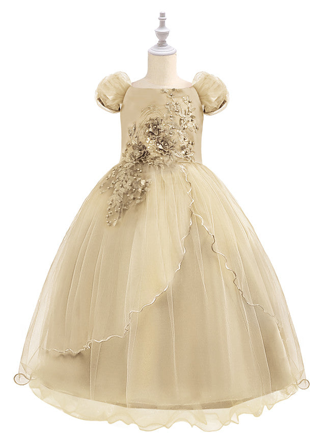 Oknass  Short Sleeve Boat Neck Flower Girl Dresses Chiffon Tulle With Beading Appliques Paillette