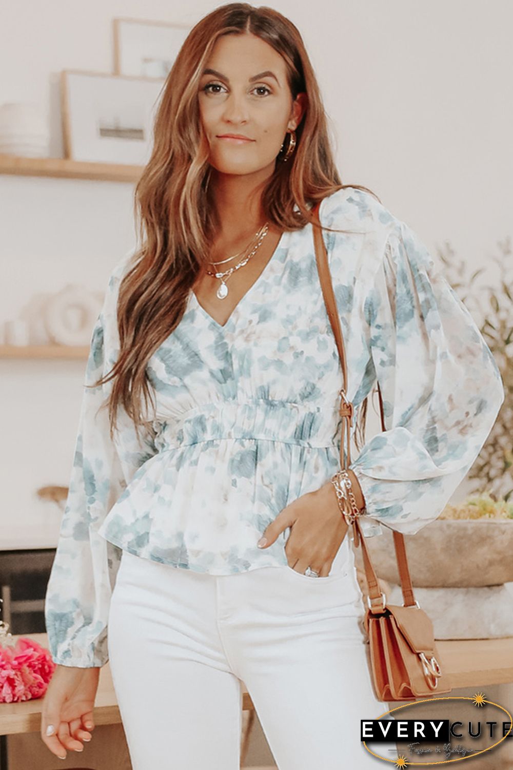 Sky Blue V Neck Tie-dye Peplum Top