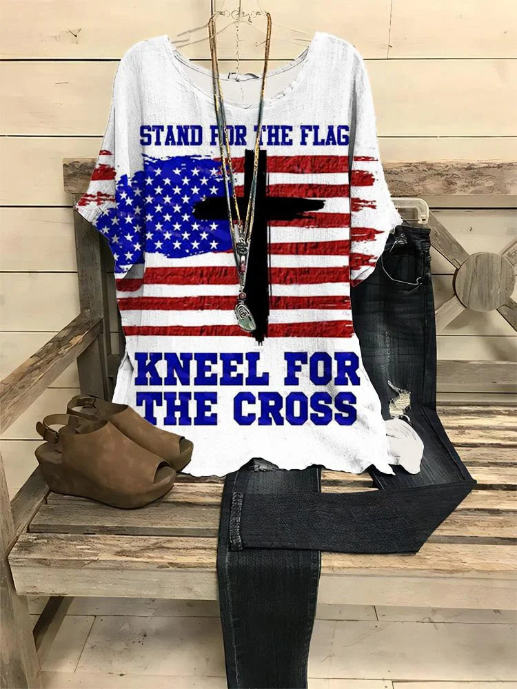 Women's Round Neck Cross and Flag Print Half-sleeve T-shirt