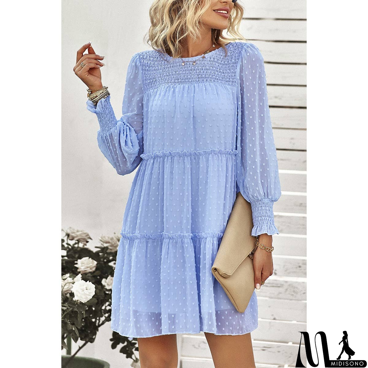 MidiSono - Dot Solid Ruched Color Block Ruffle Lined Midi Dress