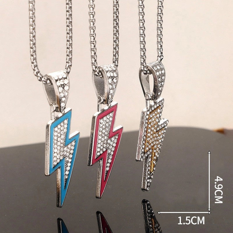 IG Style Hip-Hop Lightning Alloy Titanium Steel Inlay Rhinestones Unisex Pendant Necklace Men Pendant Necklaces