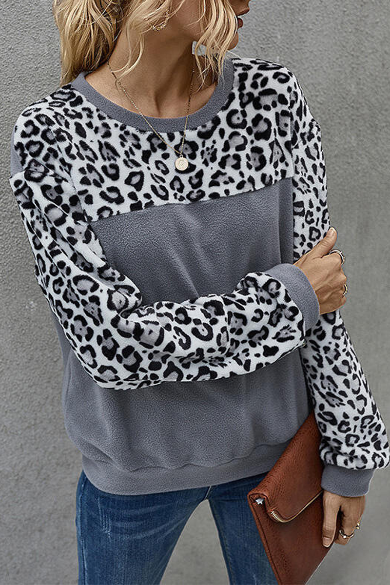 Leopard Splicing Round Neck Fleece Sweatshirt