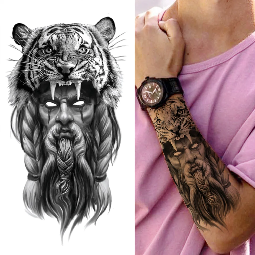 Cross Lion Temporary Tattoo For Women Men Adult Skull Tiger Wolf Forest Tattoo Sticker Black Fake Realistic Demon Tatoos Forearm
